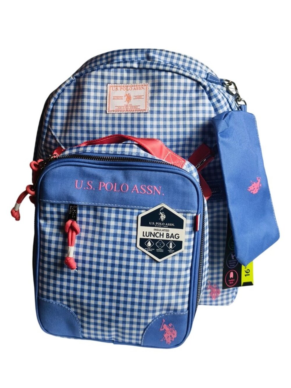 U.S. Polo Assn.16" Backpack Insulated Lunch Bag Blue Gingham Laptop Sleeve Padde